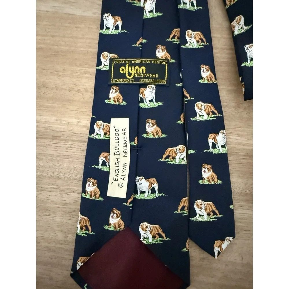 Alynn Neckwear English Bulldog Novelty Tie Navy Blue 100% Silk Made in USA